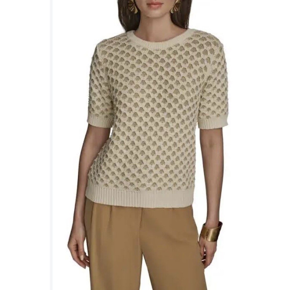 Donna Karan New York Honeycomb Short Sleeve Open Stitch Sweater. Size XL